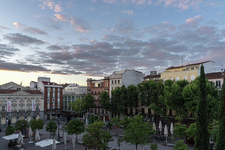 Gallivanting Around Madrid is a Pure Delight - Plaza de Santa Ana Colourful Dawn Photograph by Georgia Mizuleva