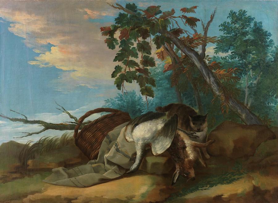Game and a Basket. XVIII century. Oil on canvas. Painting by Gines Andres de Aguirre -1727-1800- Game and a Basket. XVIII century. Oil on canvas. Painting by Gines Andres de Aguirre -1727-1800-