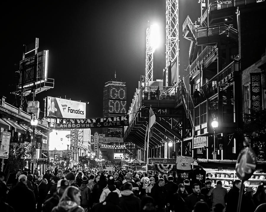 Game night on Lansdowne Street 2018 World Series Red Sox Boston MA Black and White Photograph by Toby McGuire