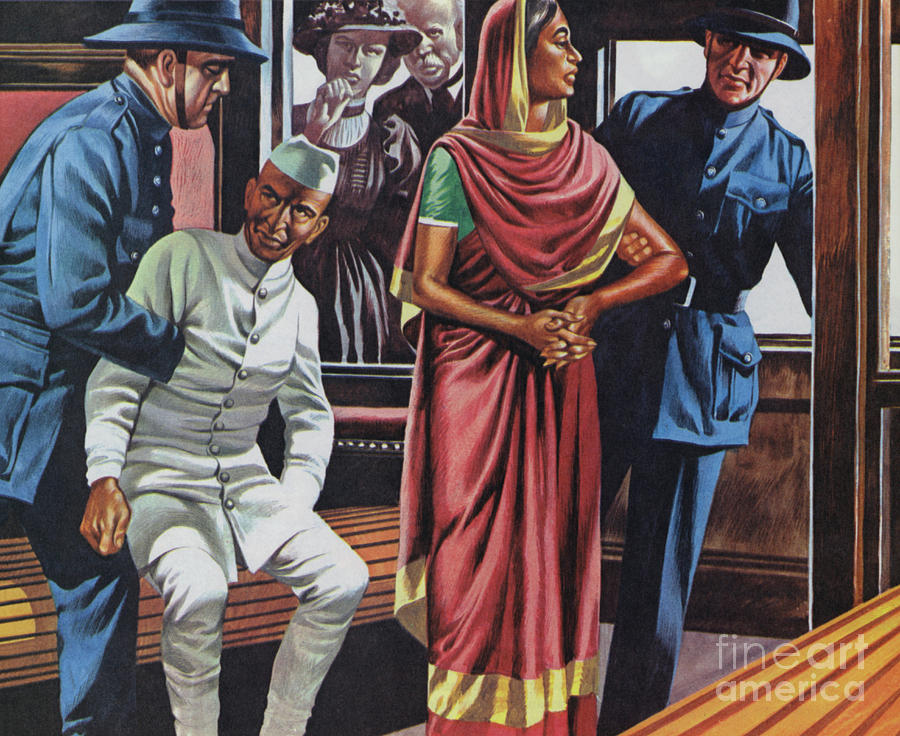 Gandhi being arrested for traveling in a first class railway carriage Painting by Ron Embleton