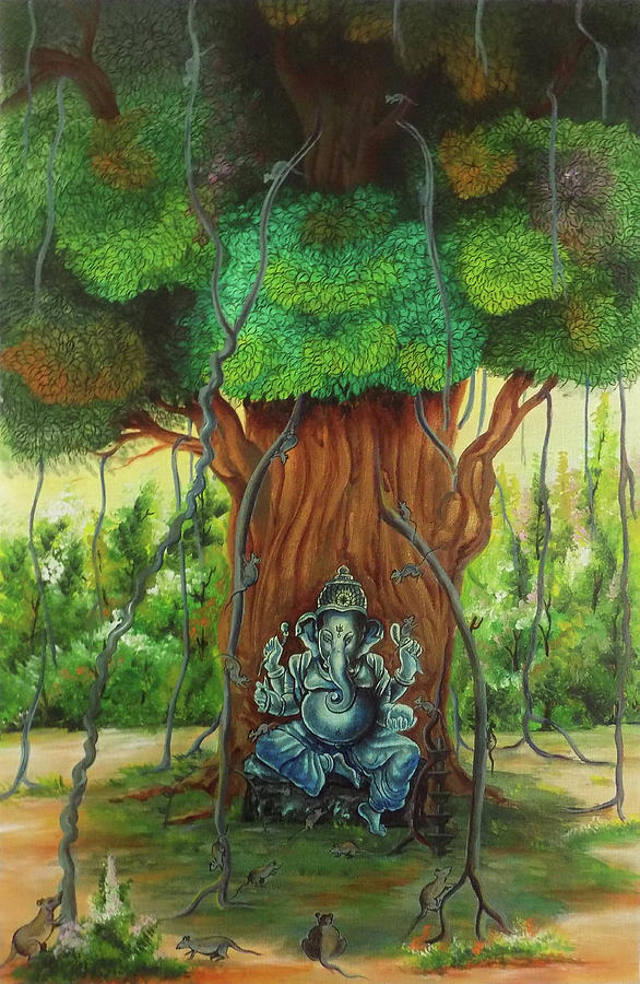 Buddha Drawing - Ganesha Idol Around The Banyan Tree by Asp Arts