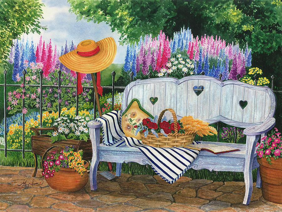 Flower Painting - Garden Bench by Mary Irwin