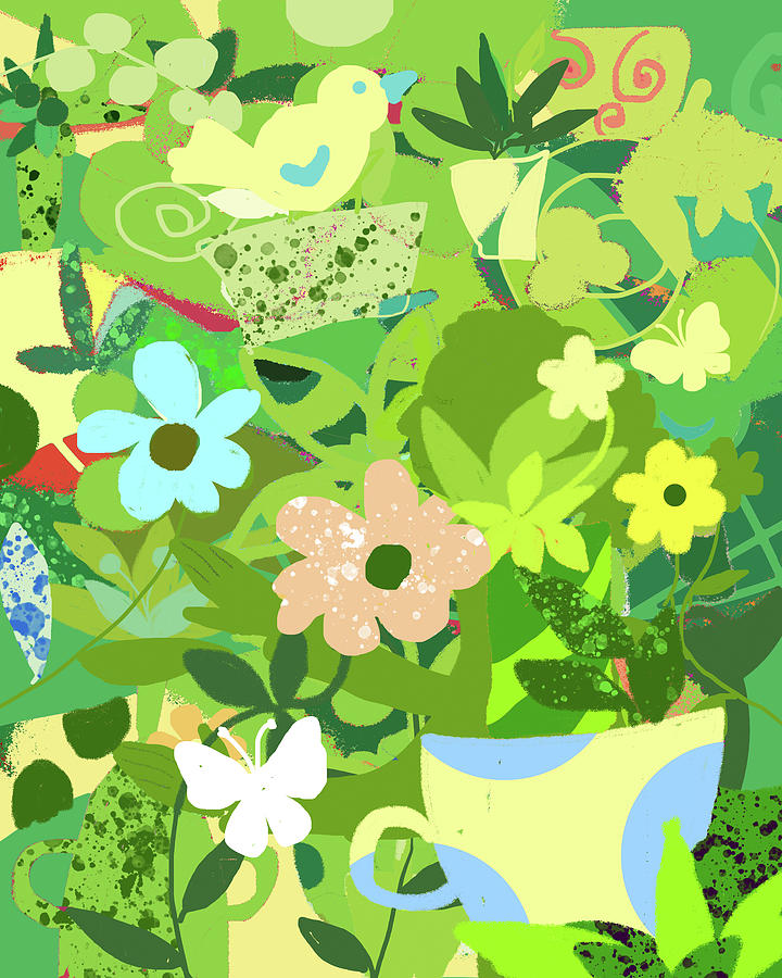 Abstract Digital Art - Garden Delight With Teacup by Holly Mcgee