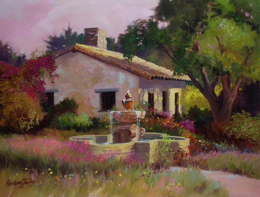 Garden Fountain Painting by Carolyne Hawley