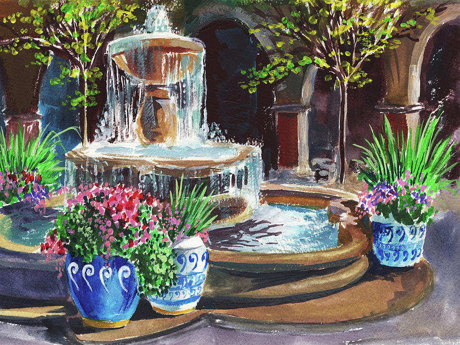 Garden Fountain Impressionism In Watercolor And Gouache Painting