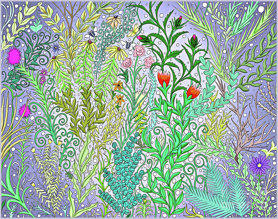 Garden Jungle in Purple with Fuchsia Flowers, Black Eyed Susans Spring Foliage Digital Art by Lise Winne