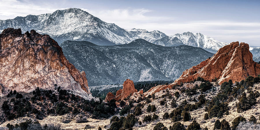 Garden of the Gods and Pikes Peak Panorama Photograph by Gregory Ballos