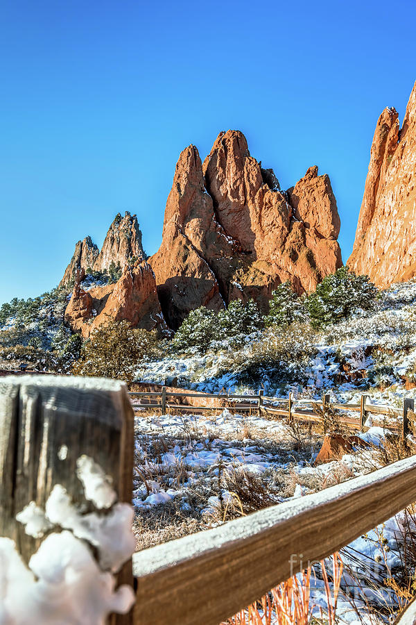Garden of the Gods Snowy Fence and Peak Photograph by Aloha Art