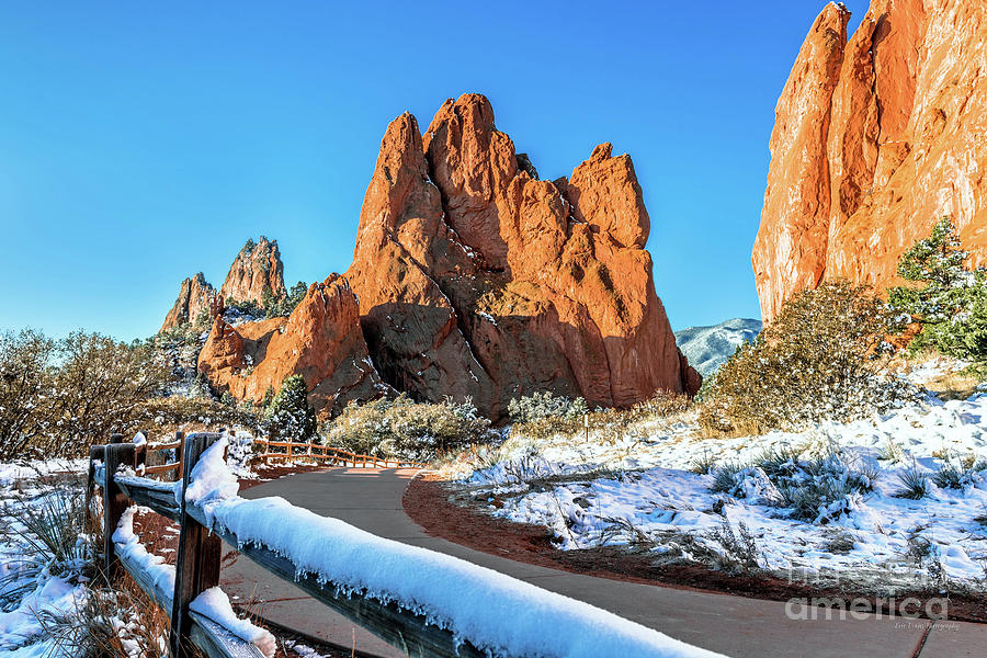 Garden of the Gods Snowy Trail Fence and Peak Photograph by Aloha Art