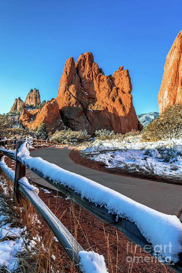 Garden of the Gods Snowy Trail Fence and Peak Portrait Photograph by Aloha Art