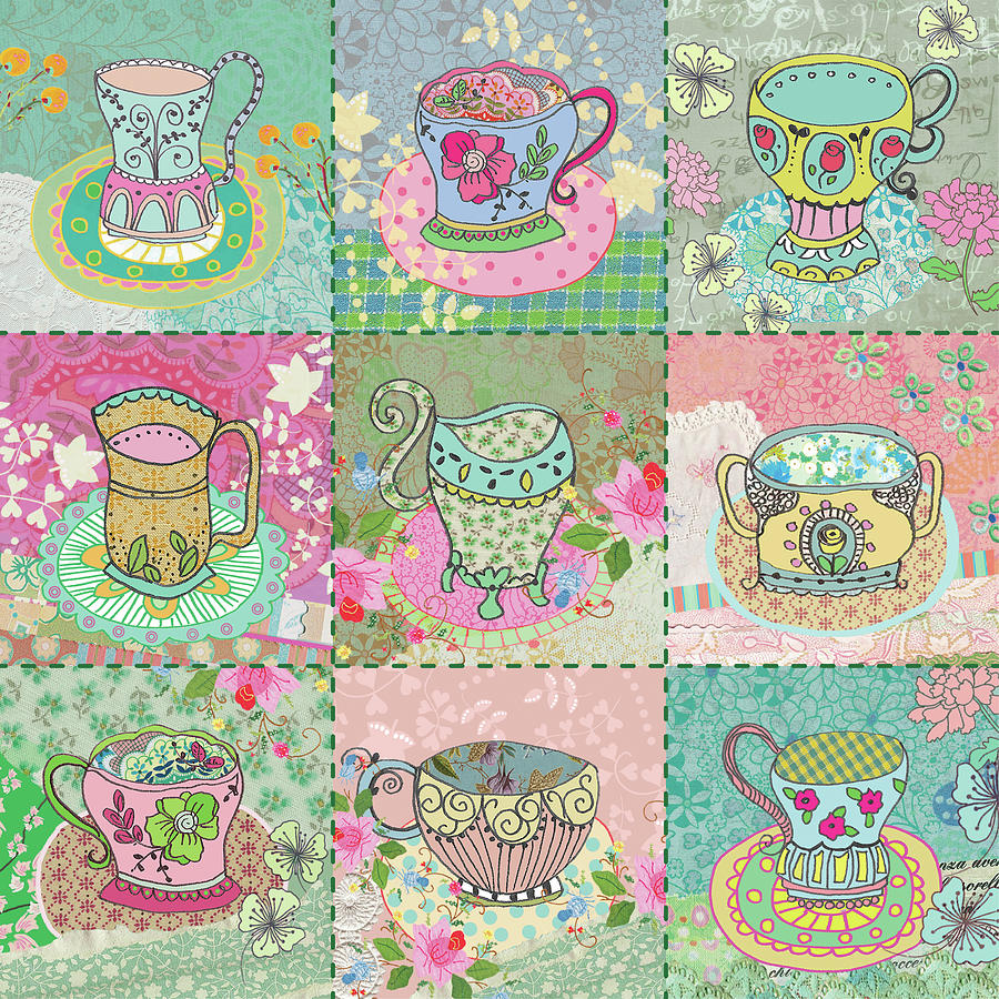 Flower Digital Art - Garden Party Tea Cups Collage by Gal Designs