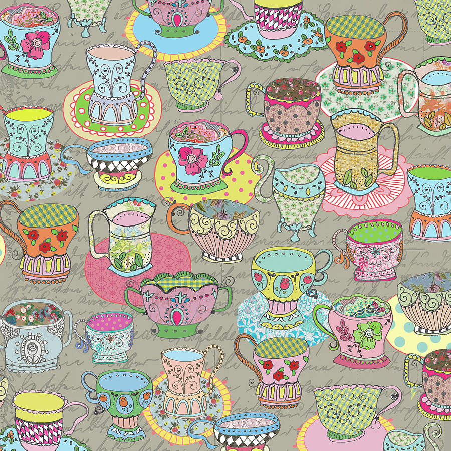 Flower Digital Art - Garden Party Tea Cups Pattern by Gal Designs