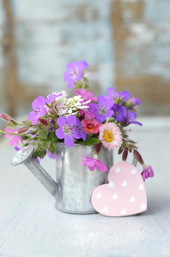 Garden Posy In Metal Watering Can With Pink Decorative Heart Photograph by Sonia Chatelain