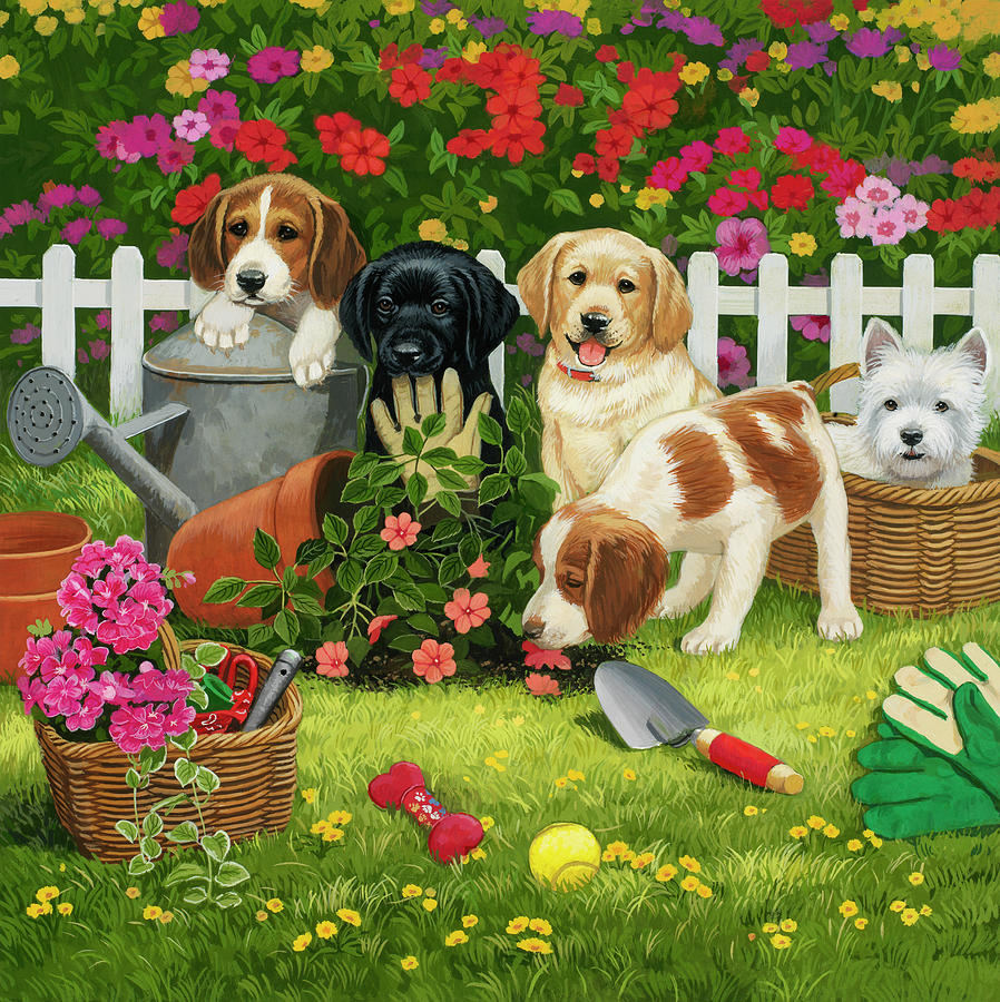 Dog Painting - Garden Puppies by William Vanderdasson