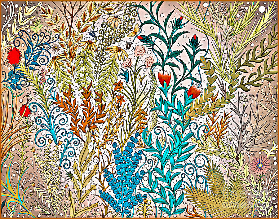 Garden Tapestry Design in Tan, Pink, Turquoise and Red Digital Art by Lise Winne