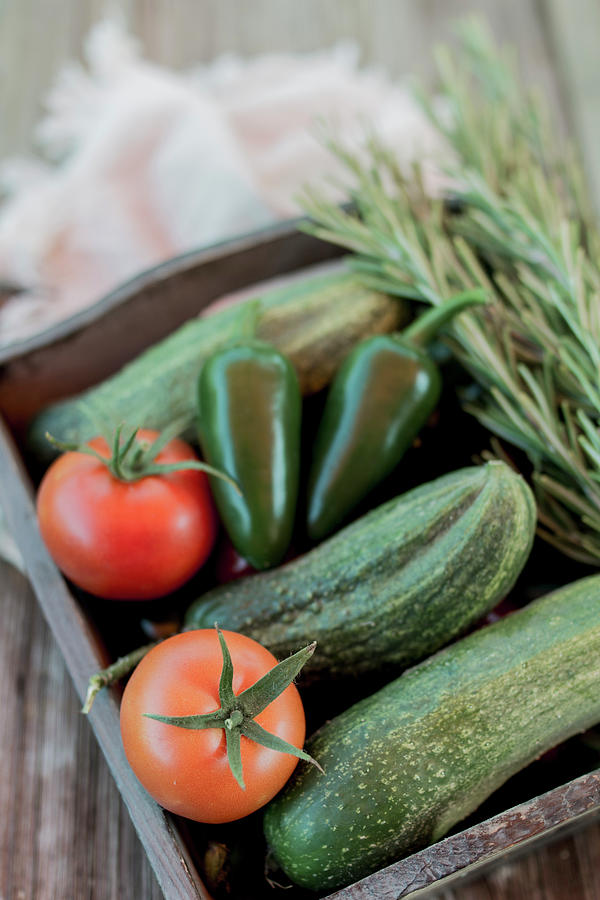 Garden Vegetables And Rosemary In A Wooden Box Photograph by Lieberbacken