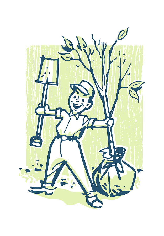 Nature Drawing - Gardener with Tree and Shovel by CSA Images