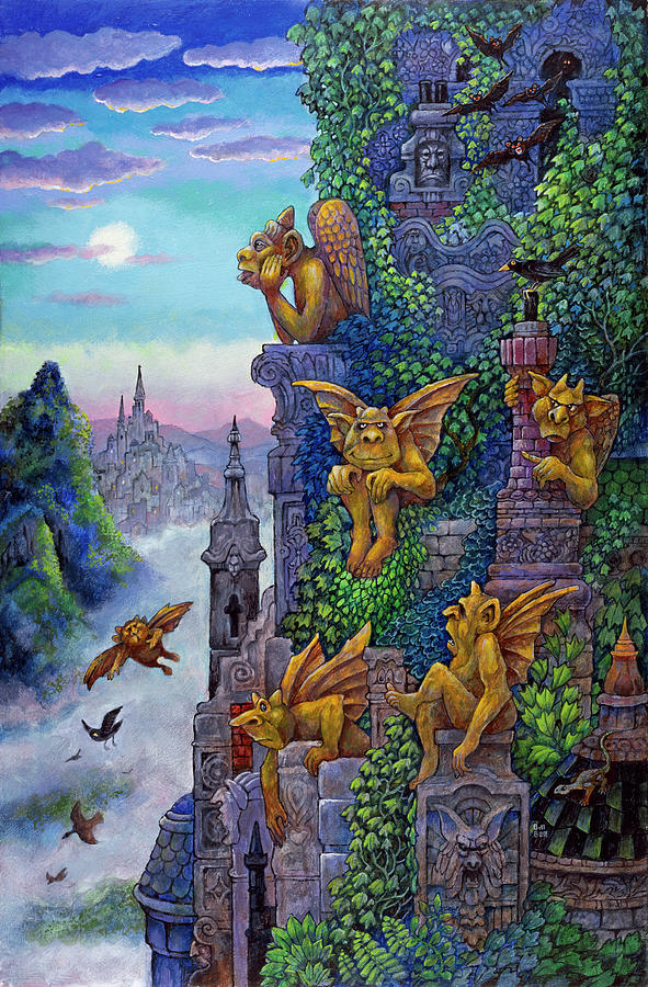 Castle Painting - Gargoyles Twilight by Bill Bell