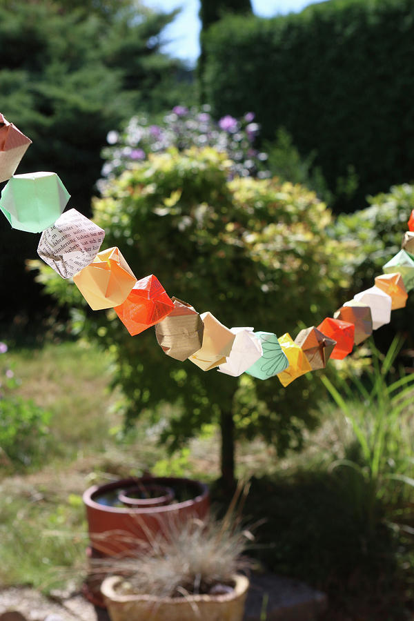 Garland Of Colourful Origami Shapes In Garden Photograph by Regina Hippel