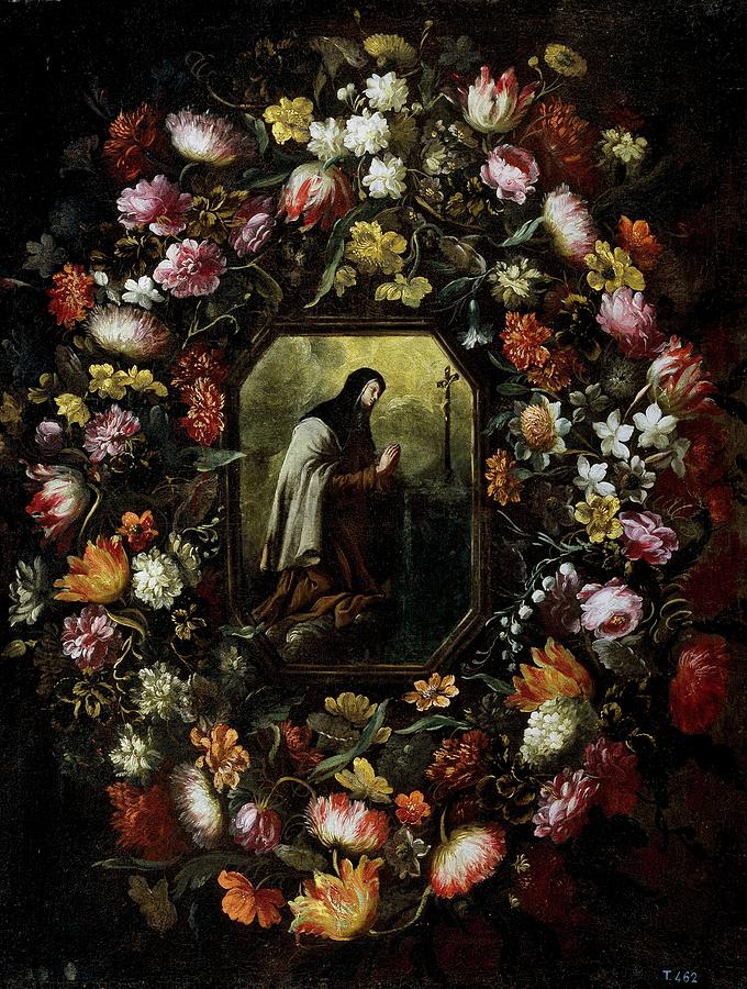 Garland of Flowers with Saint Teresa of Jesus, Second half 17th century, Span... Painting by Bartolome Perez -1634-1693-