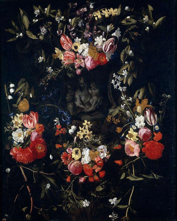 Garland of Flowers with the Virgin, the Christ Child and... Painting by Daniel Seghers -1590-1661- Jan Erasmus Quellinus -17th cent -