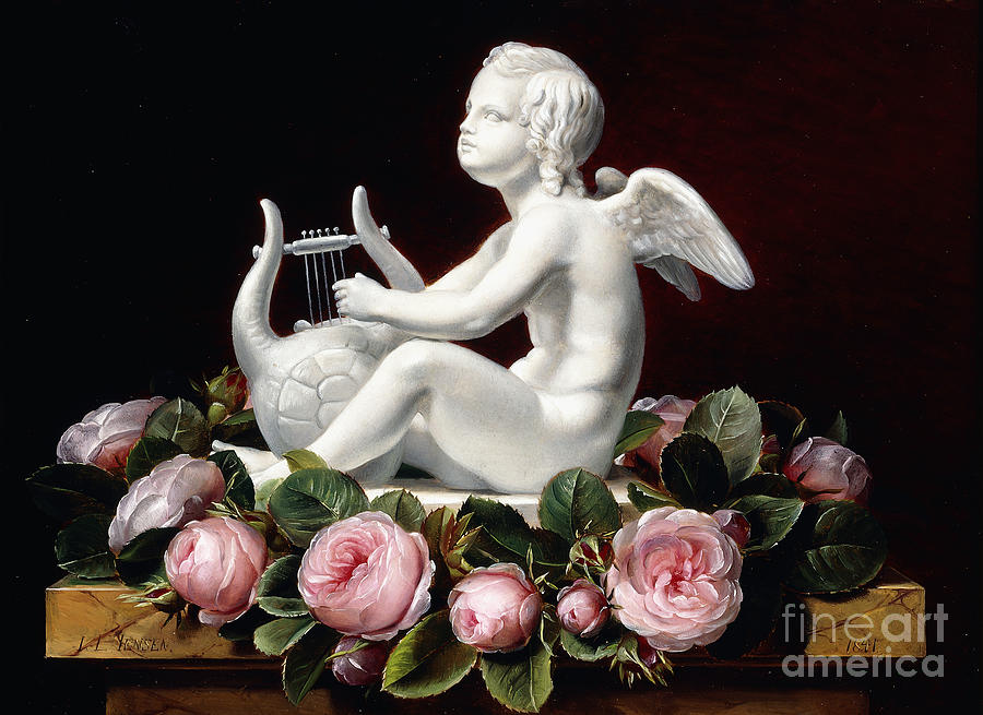 Johan Laurents Jensen Painting - Garland Of Pink Roses Around Cupid Playing A Lyre On A Marble Ledge, 1841 by Johan Laurents Jensen