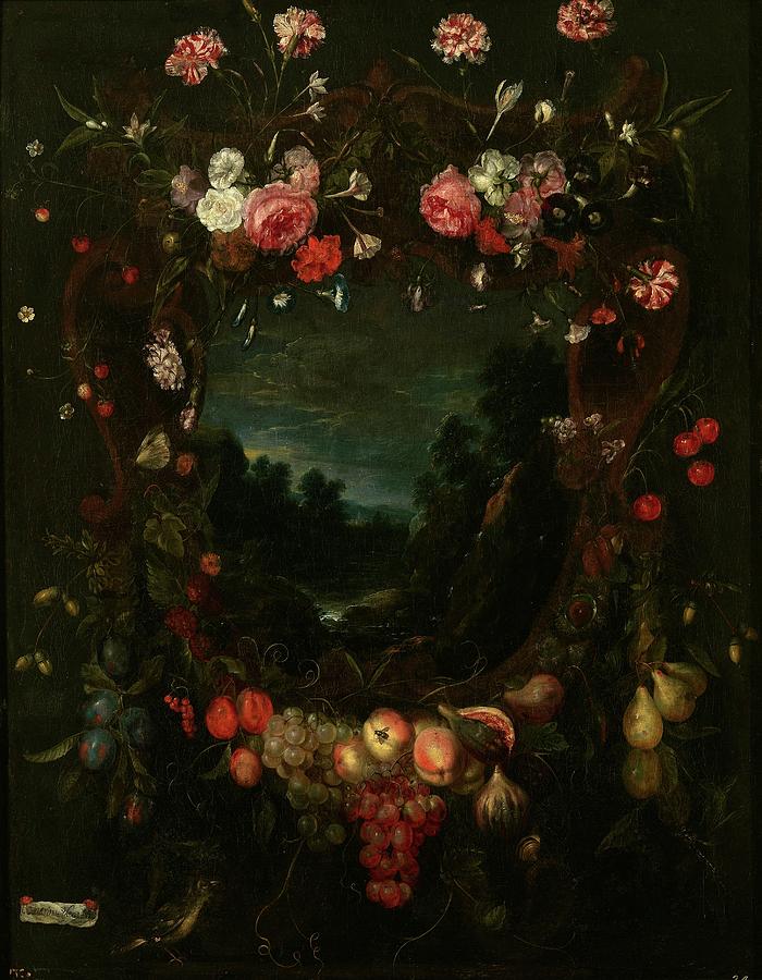 Garland with Landscape, 17th century, Flemish School, Oil on canvas, 90 cm ... Painting by Catharina Ykens II -1659-c 1737-