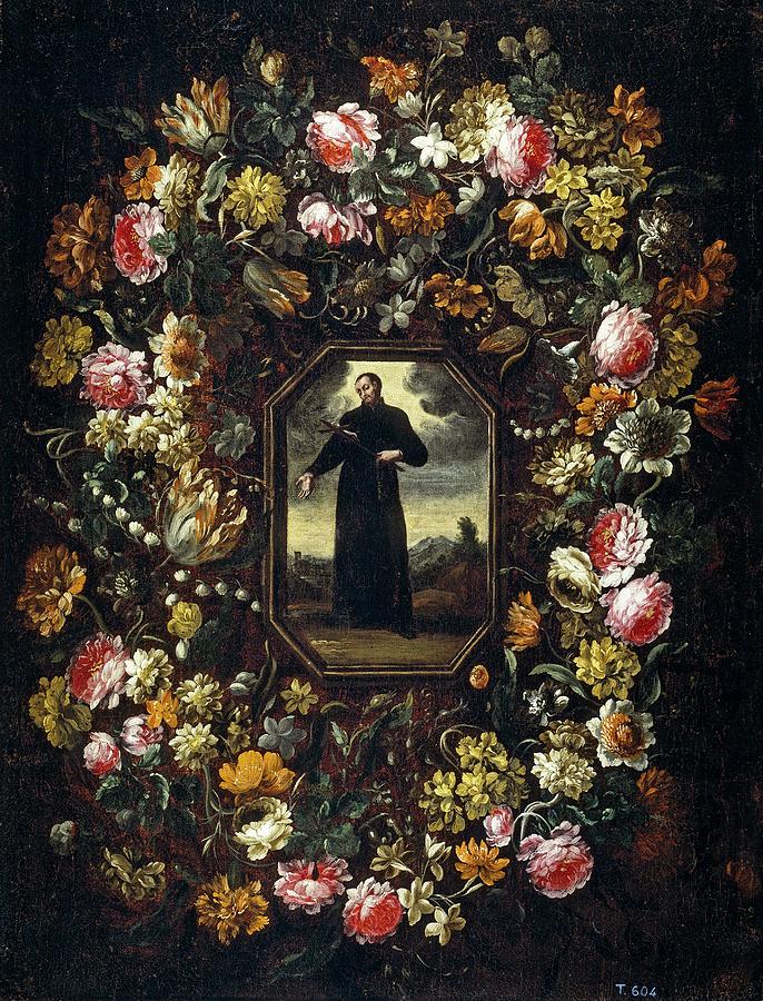 Garland with Saint Francis Xavier, Second half 17th century, Spanish School, ... Painting by Bartolome Perez -1634-1693-