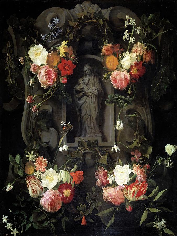 Garland with the Virgin and Child, 1644, Flemish School, Oil on copper, 88 cm ... Painting by Daniel Seghers -1590-1661-