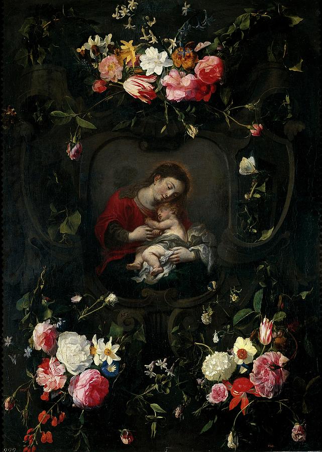 Garland with the Virgin and Child, 17th century, Flemish School, Oil on canvas... Painting by Daniel Seghers -1590-1661-