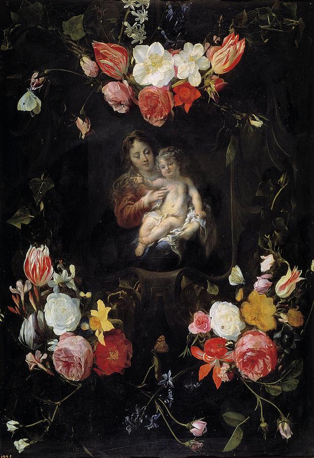 Garland with Virgin and Child, 17th century, Flemish School, O... Painting by Daniel Seghers -1590-1661- Cornelis Schut -1597-1655-