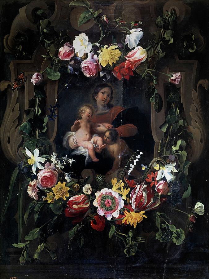 Garland with Virgin, Child and Saint John, 17th century, Flemi... Painting by Daniel Seghers -1590-1661- Cornelis Schut -1597-1655-