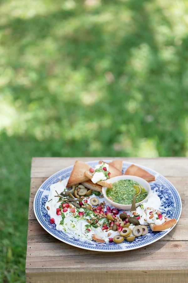 Garlic And Lemon Labneh With Salsa Verde And Roasted Pita Bread Corners Photograph by Great Stock!
