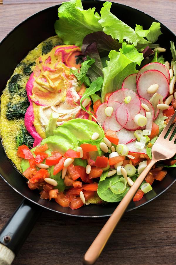 Garlic And Spinach Omelette With Hummus And Vegetables Photograph by Sandra Krimshandl-tauscher