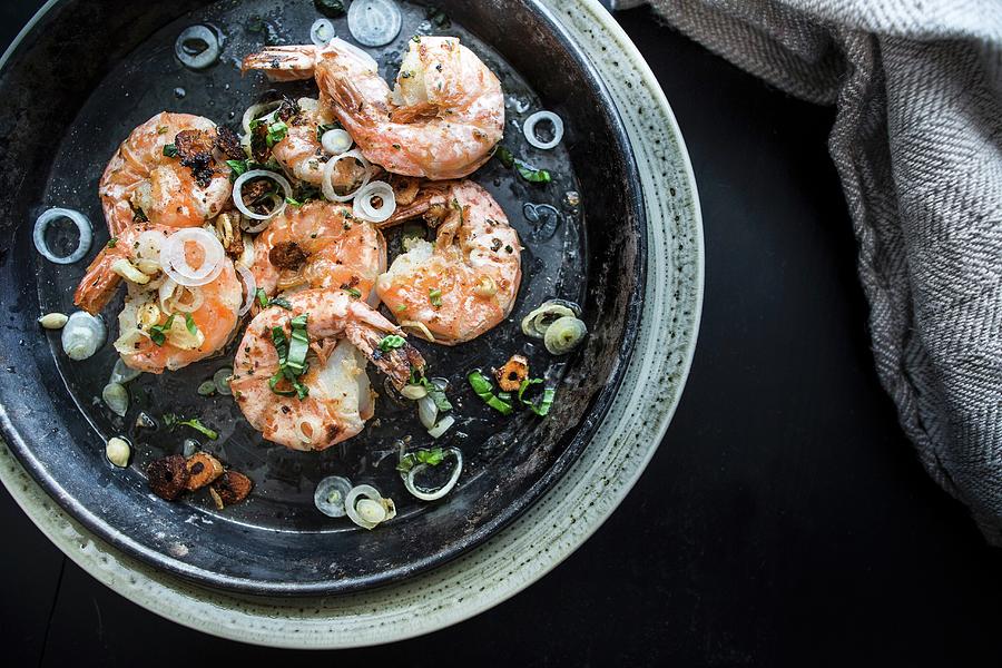 Garlic Prawns With Spring Onions seen From Above Photograph by Carolina Auer Photography