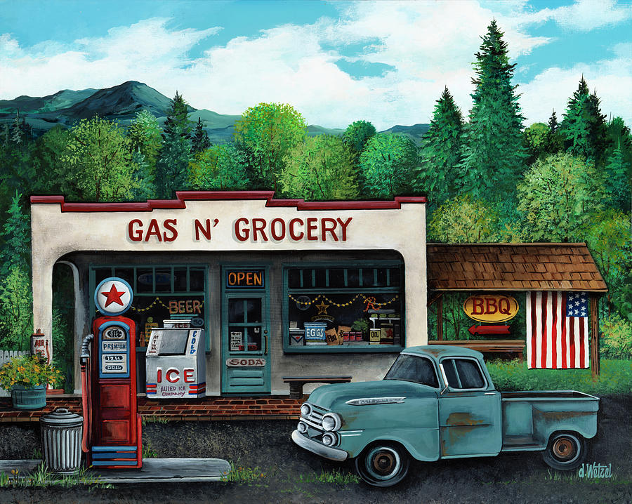 Vintage Painting - Gas And Grocery by Debbi Wetzel