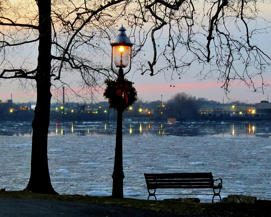 Gas Lamp and Bench by the frozen Delaware River  Photograph by Linda Stern