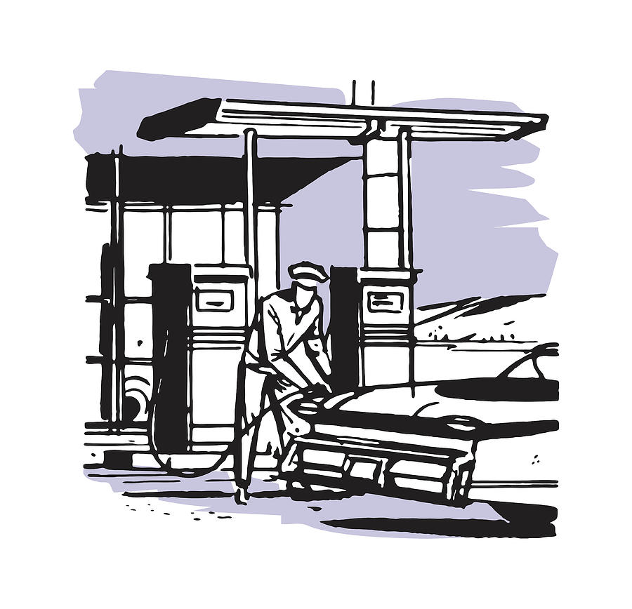 Transportation Drawing - Gas Station Attendant Fueling a Car at a Pump by CSA Images