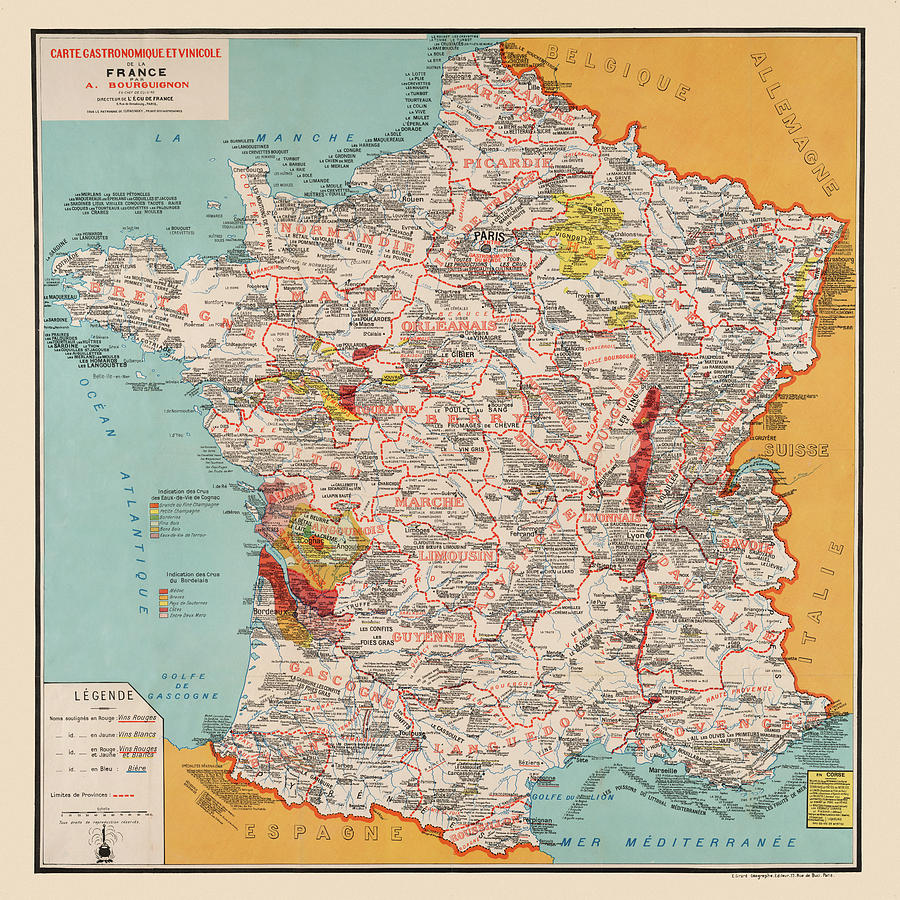 Gastronomy Map Of France 1932 Photograph by Andrew Fare
