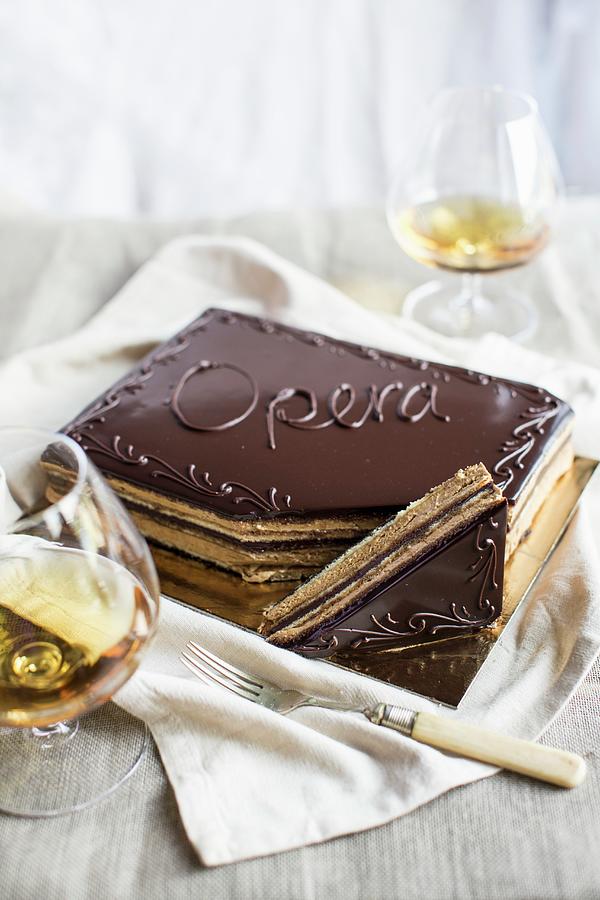 Gateau Opera layered Cake With Chocolate Glaze Photograph by Helen Cathcart