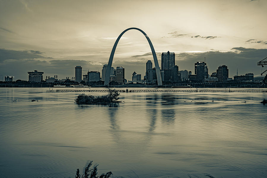 Gateway Arch and St. Louis Skyline River Reflections - Sepia Edition Photograph by Gregory Ballos