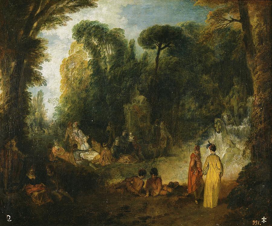 Gathering in a Park, 1712-1713, French School, Oil on canvas, 47,2 cm x ... Painting by Jean Antoine Watteau -1684-1721- Gathering in a Park, 1712-1713, French School, Oil on canvas, 47,2 cm x ... Painting by Jean Antoine Watteau -1684-1721-