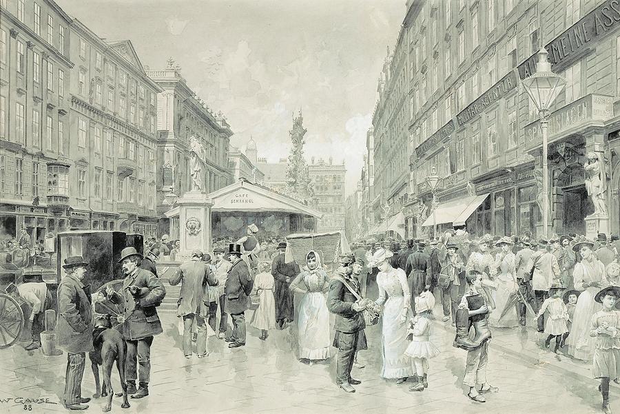 GAUSE, WILHELM The andquot, Grabenandquot,, central square in downtown Vienna. 1888. Drawing by Wilhelm Gause