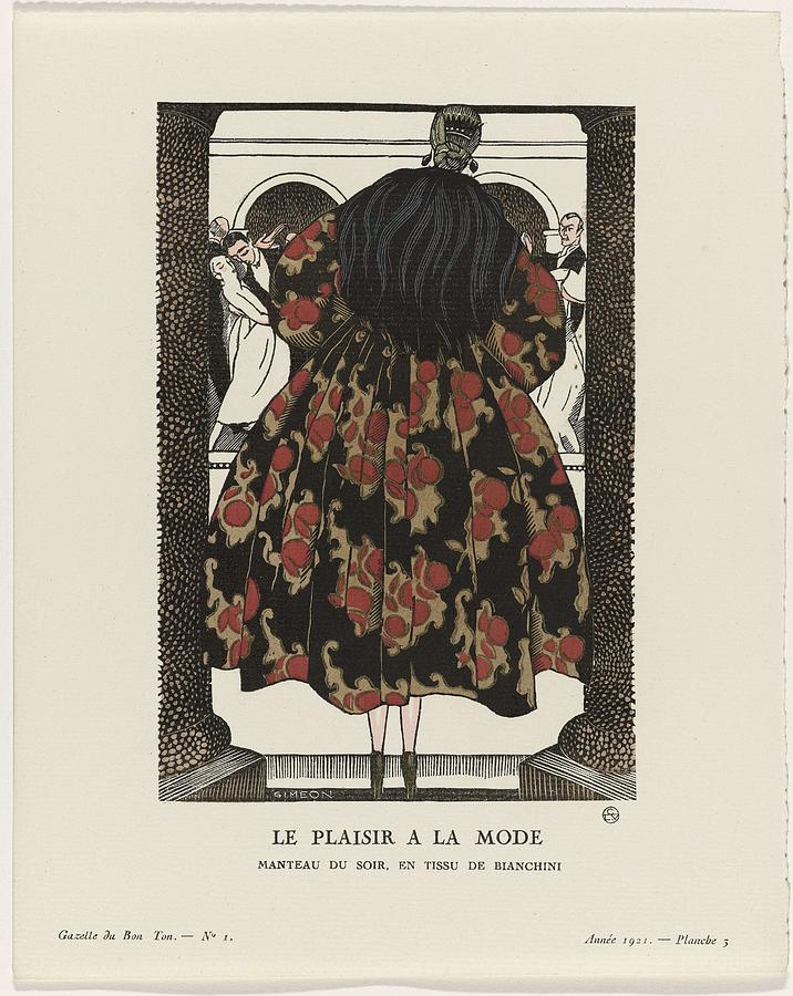 Gazette du Bon Ton, 1921 - No. 1, Pl. 3 The pleasure of fashion  Evening coat, made of Bianchini fab Painting by Gazette du Bon Ton