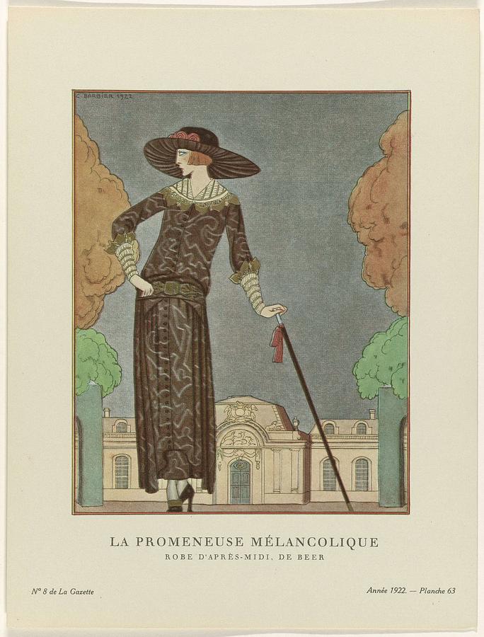 Gazette du Bon Ton, 1922 - No. 8 The Melancholic Stroller Afternoons Dress, Beer, George Barbier, 19 Painting by George Barbier