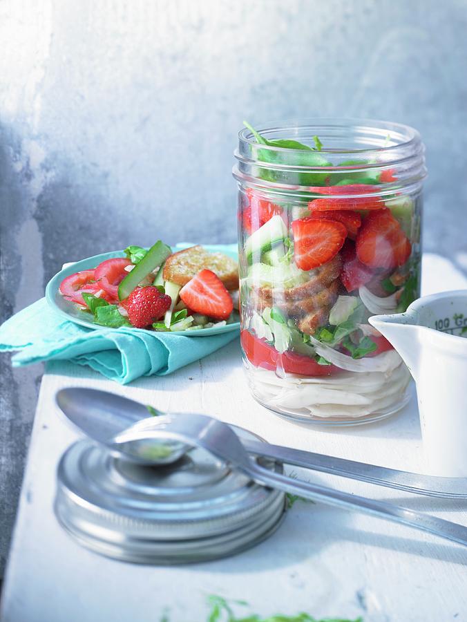 Gazpacho Style Bread Salad With Strawberries In A Glass Photograph by Nikolai Buroh