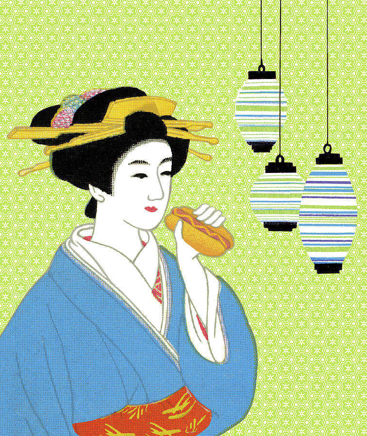Vintage Drawing - Geisha Eating a Hot Dog by CSA Images