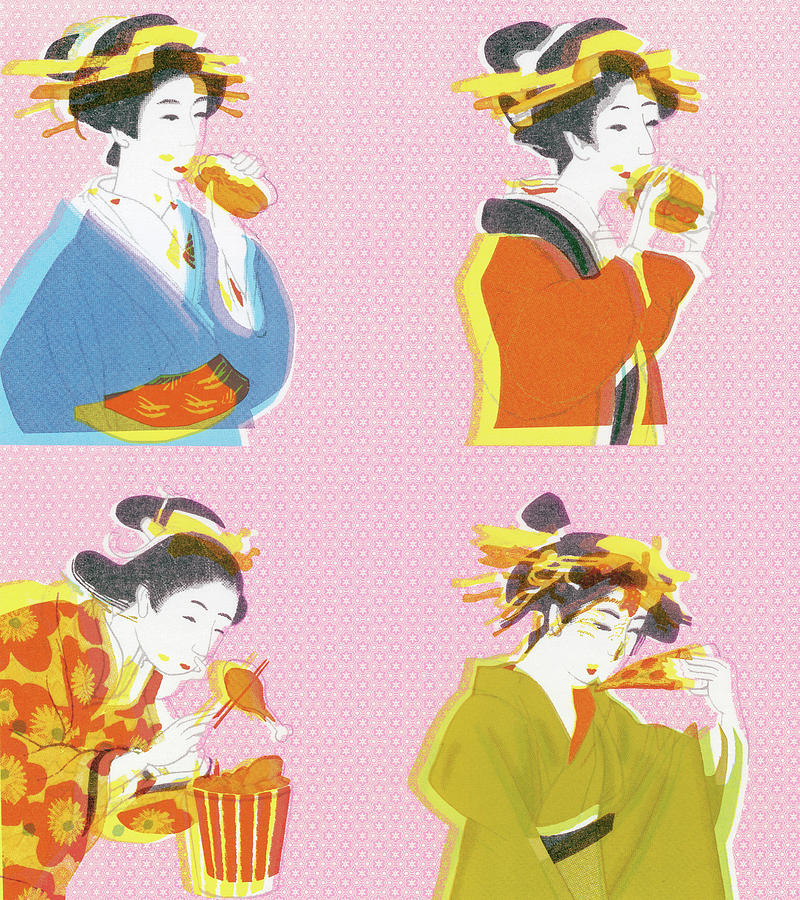 Chicken Drawing - Geisha Girls Eating by CSA Images