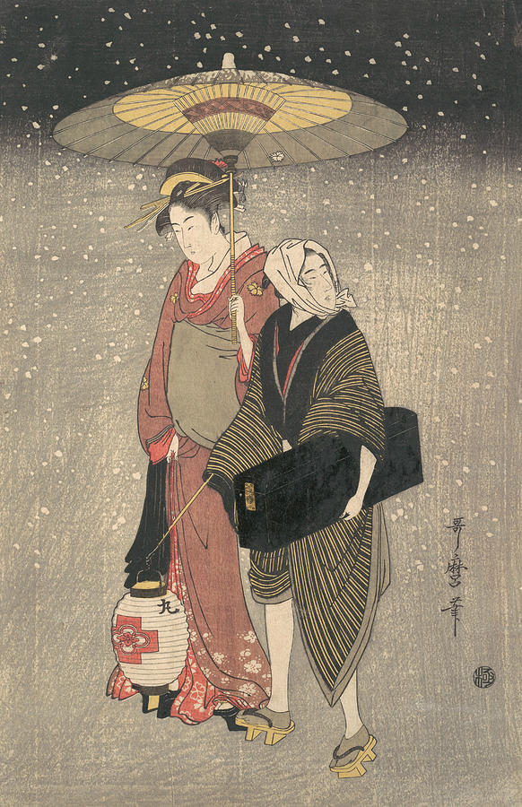 Geisha Walking through the Snow at Night Relief by Kitagawa Utamaro
