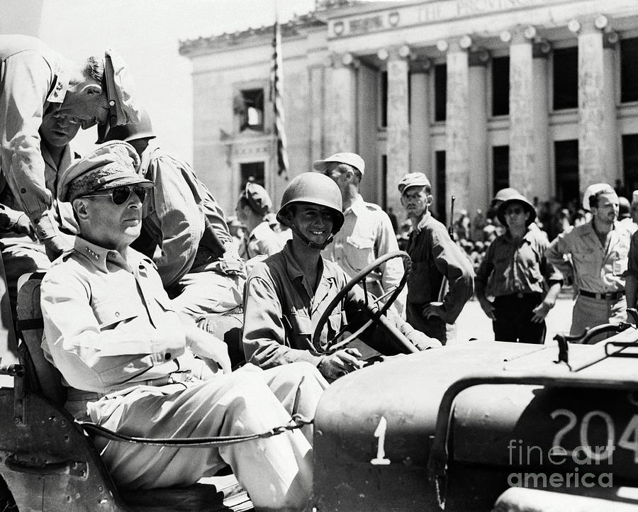 General Macarthur In Jeep In Uniform Photograph by Bettmann